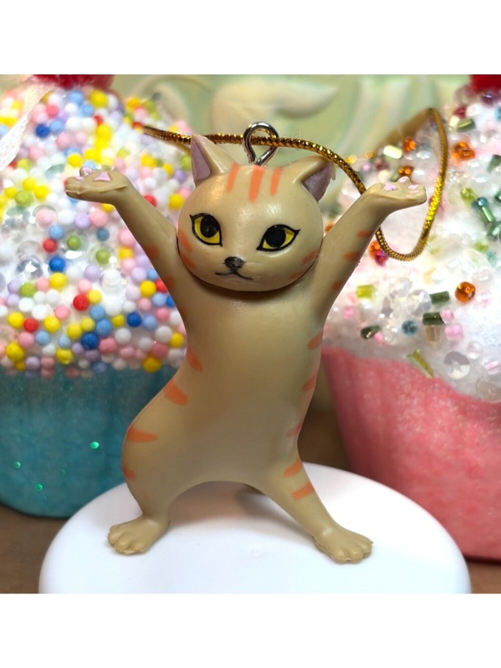 Stretching Cat Figurine Christmas Tree Ornament Beige With Orange Stripes Sf